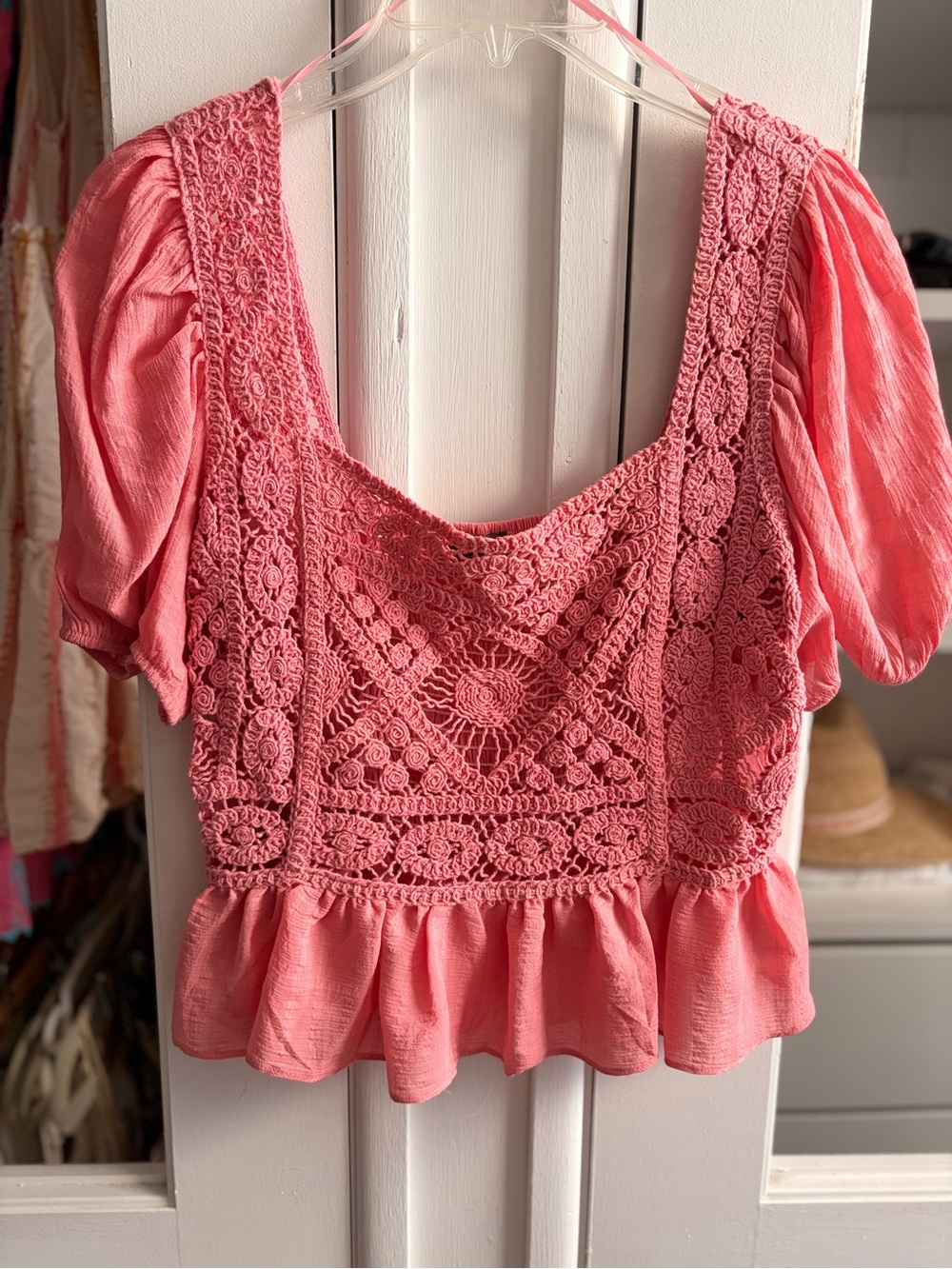 Aiden Coral Pink Crochet Peplum Crop Top